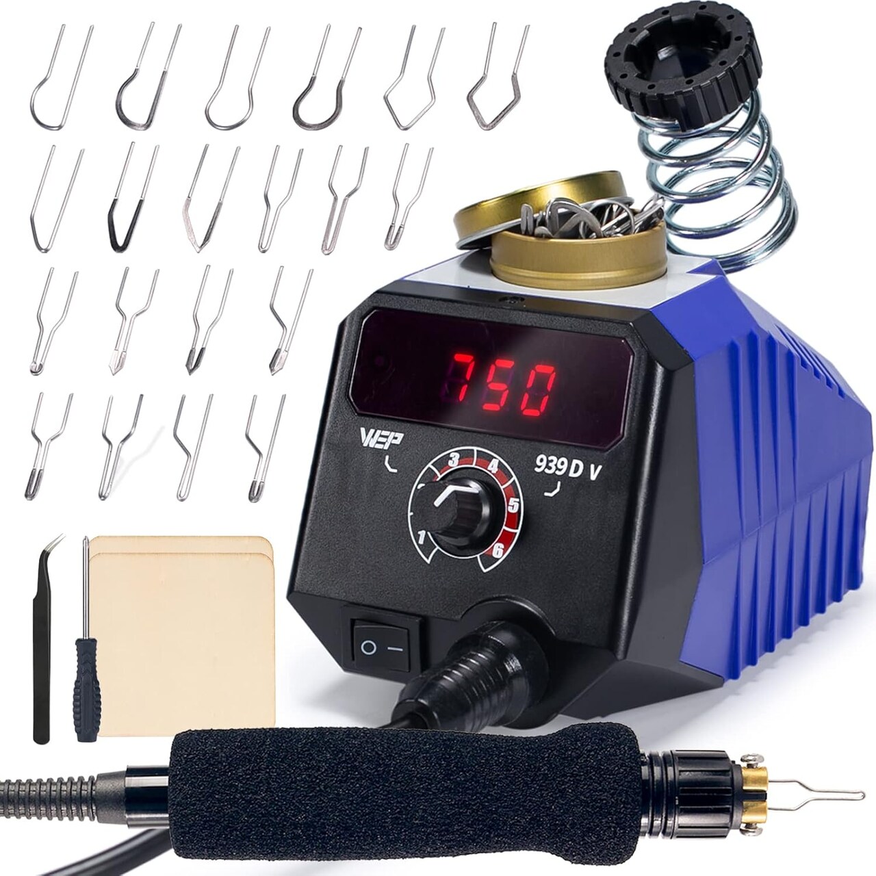 939D-V Wood Burning Kit – Detachable Pen, 250–750℃ Adjustable, 20 Tips, Pen Holder, Pyrography & Leather Burning.